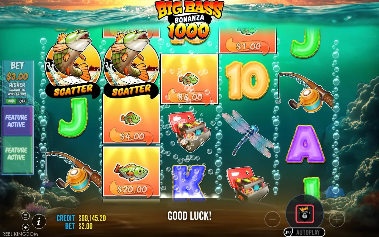 Two scatter bass symbols beside $1, $8, $4, $20 money fish cells with Good Luck message, bet $3.00