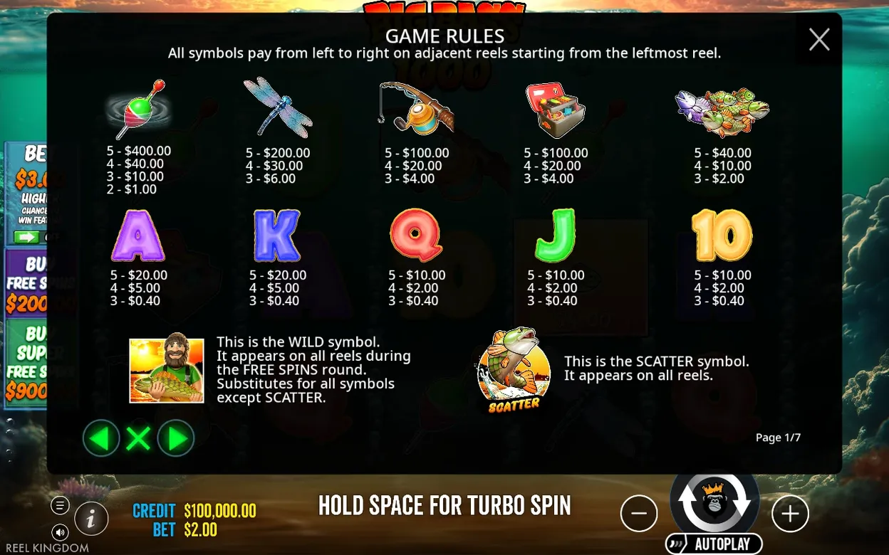 Game rules page 1/7 lists bobber, dragonfly, rod, tackle box and fish payouts plus wild fisherman and scatter bass