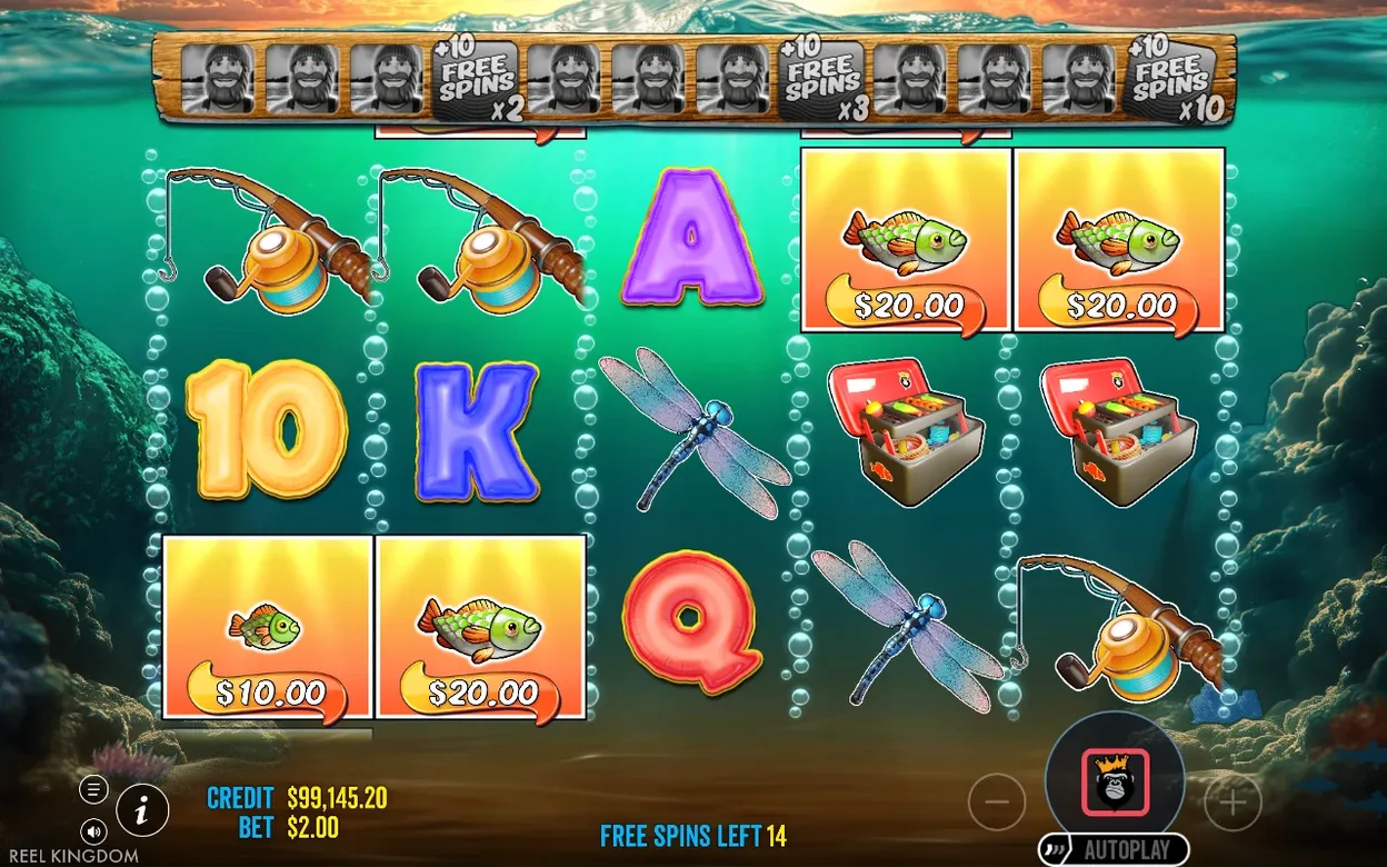 Free spins reels show rod, tackle box, dragonfly and fish cells worth $10.00 and $20.00, 14 spins left