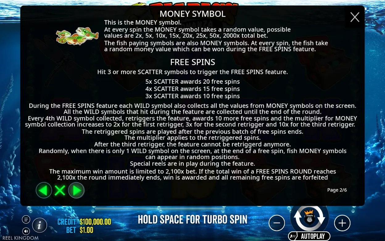 Rules page 2 explains money symbol values and free spins retrigger multipliers up to 10x.