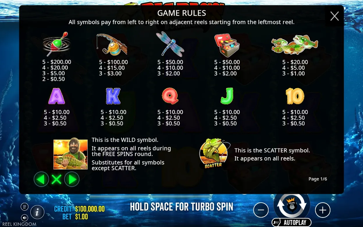 Game rules panel lists payouts for lure, rod, dragonfly, tackle box, fish, royals, wild and scatter symbols.