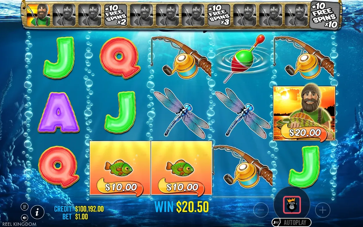 Free spins reels show two $10.00 money fish and a fisherman wild holding $20.00, win $20.50, one wild collected on tracker.