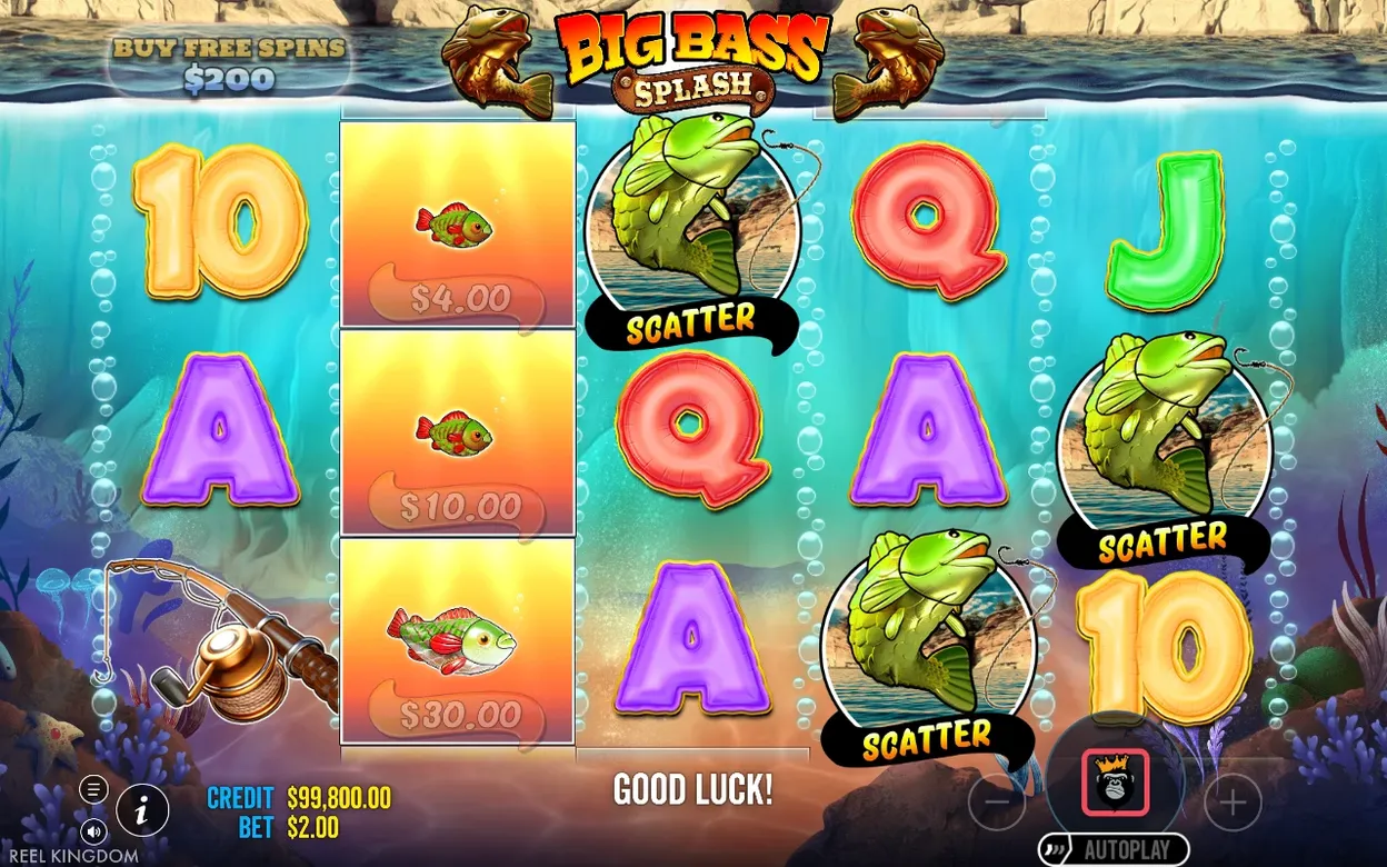 Free spins trigger shows three SCATTER fish and fish money cards worth $4.00, $10.00 and $30.00.