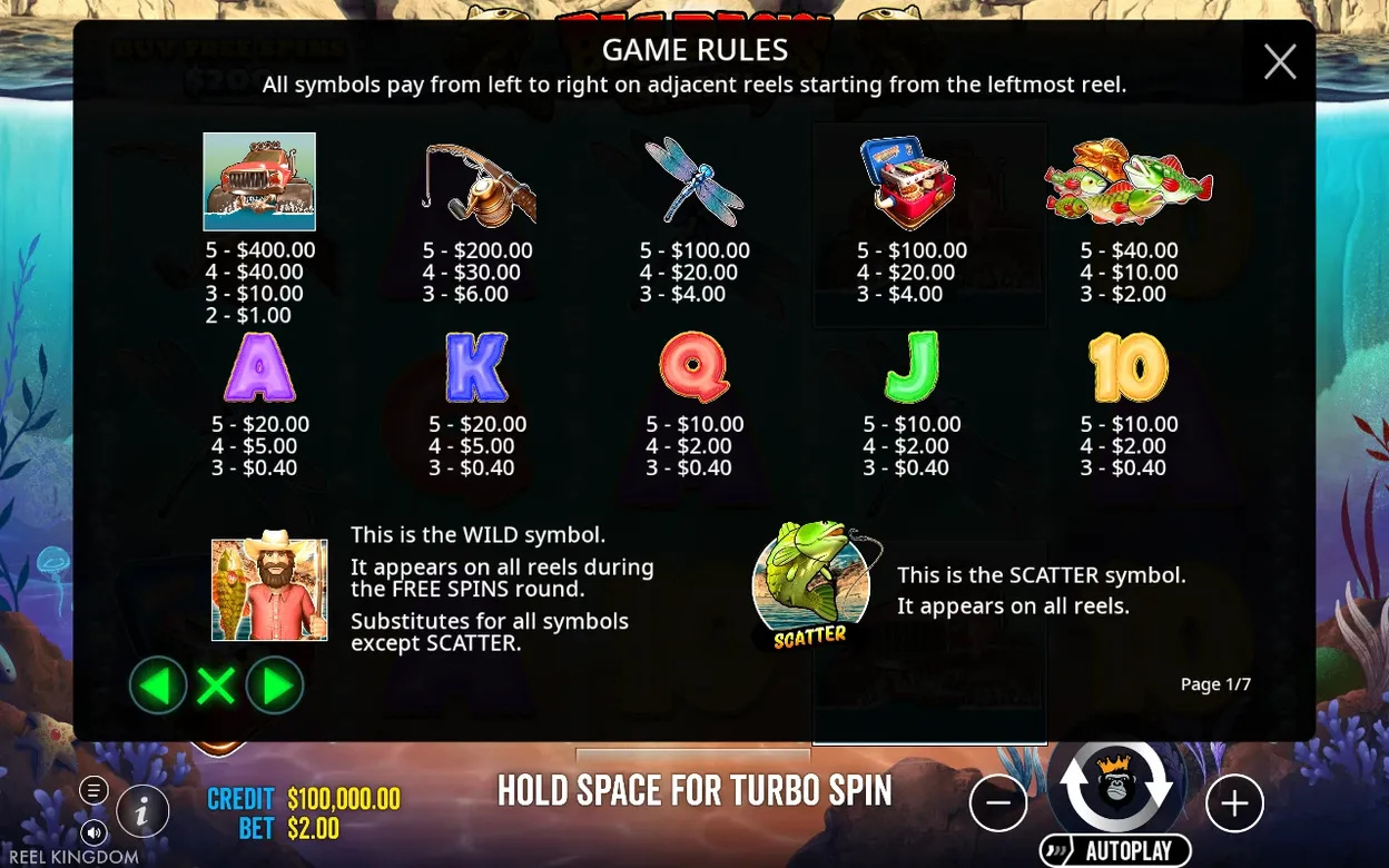 Game rules page 1/7 lists symbol payouts plus WILD fisherman and SCATTER fish descriptions.
