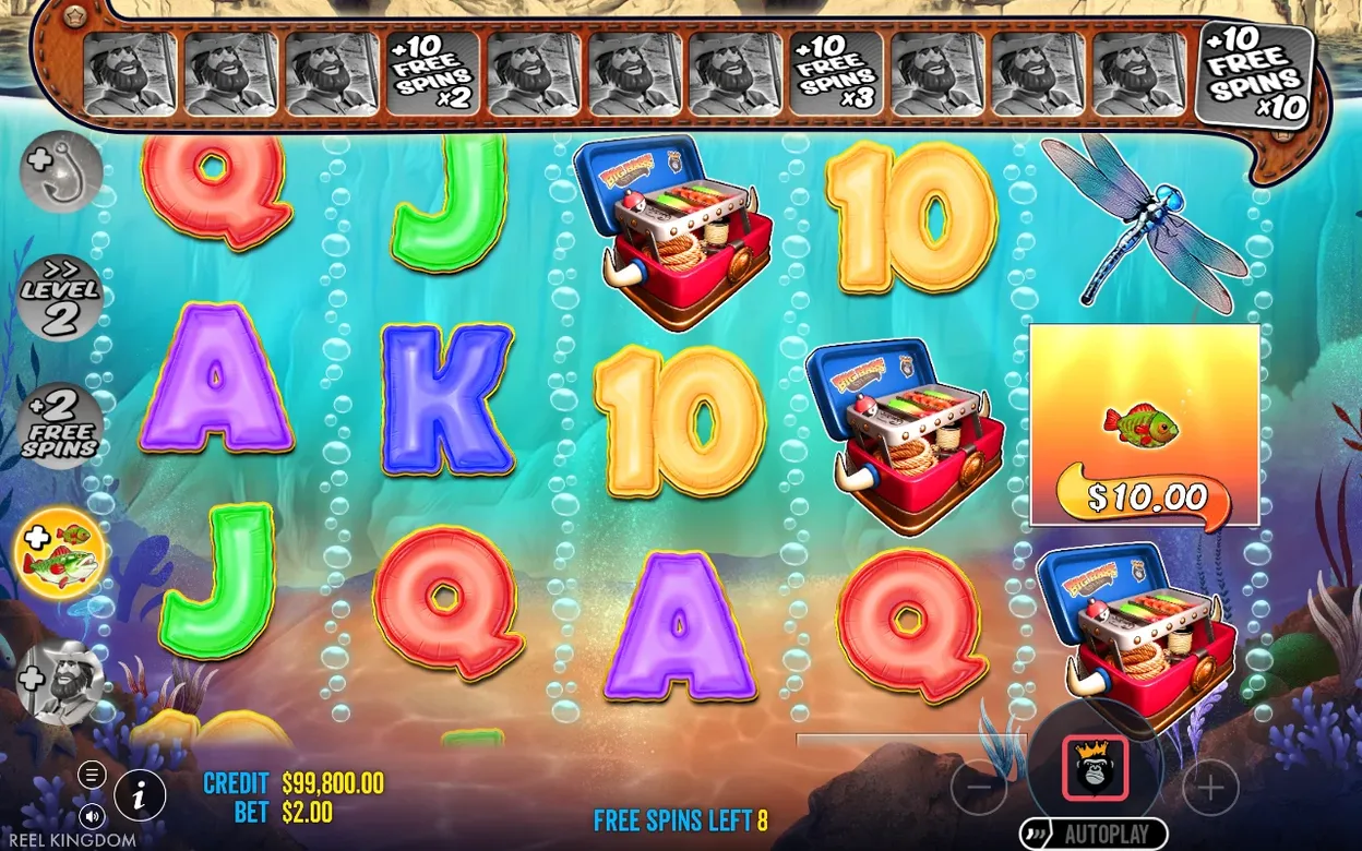 Free spins round shows fisherman tracker, a $10.00 fish value card, and 8 free spins left.