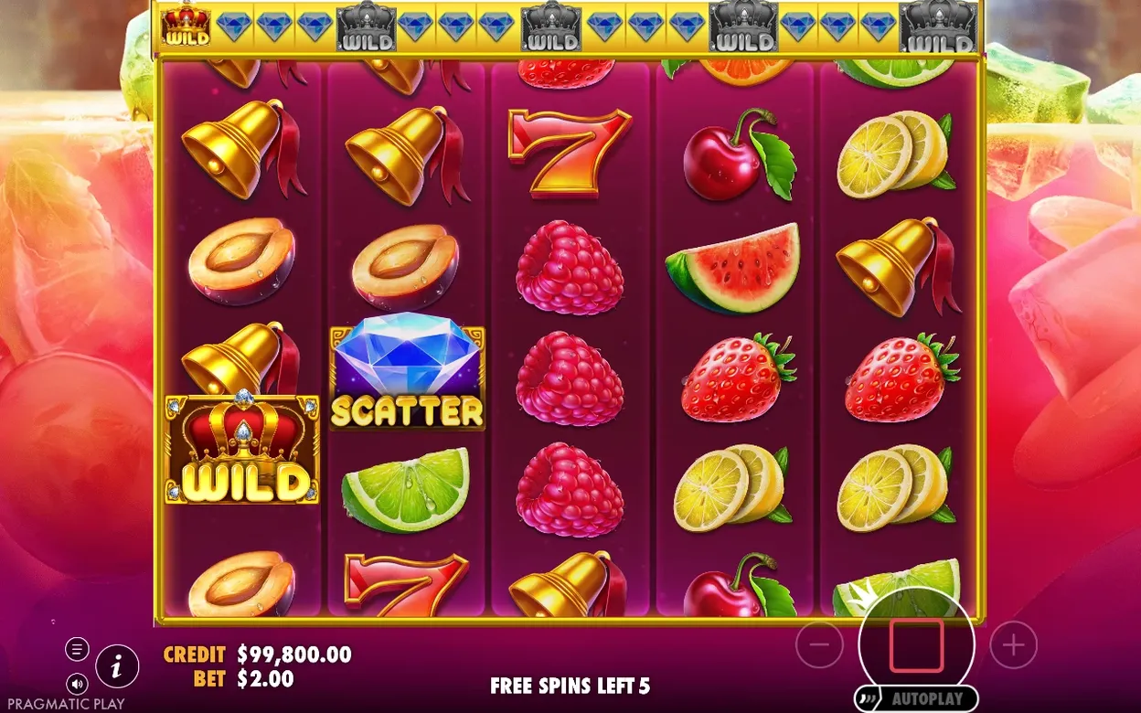 Prosti vrtljaji s petimi preostalimi: WILD krona, SCATTER diamant in zvonci na mreži, kredit $99,800.00.