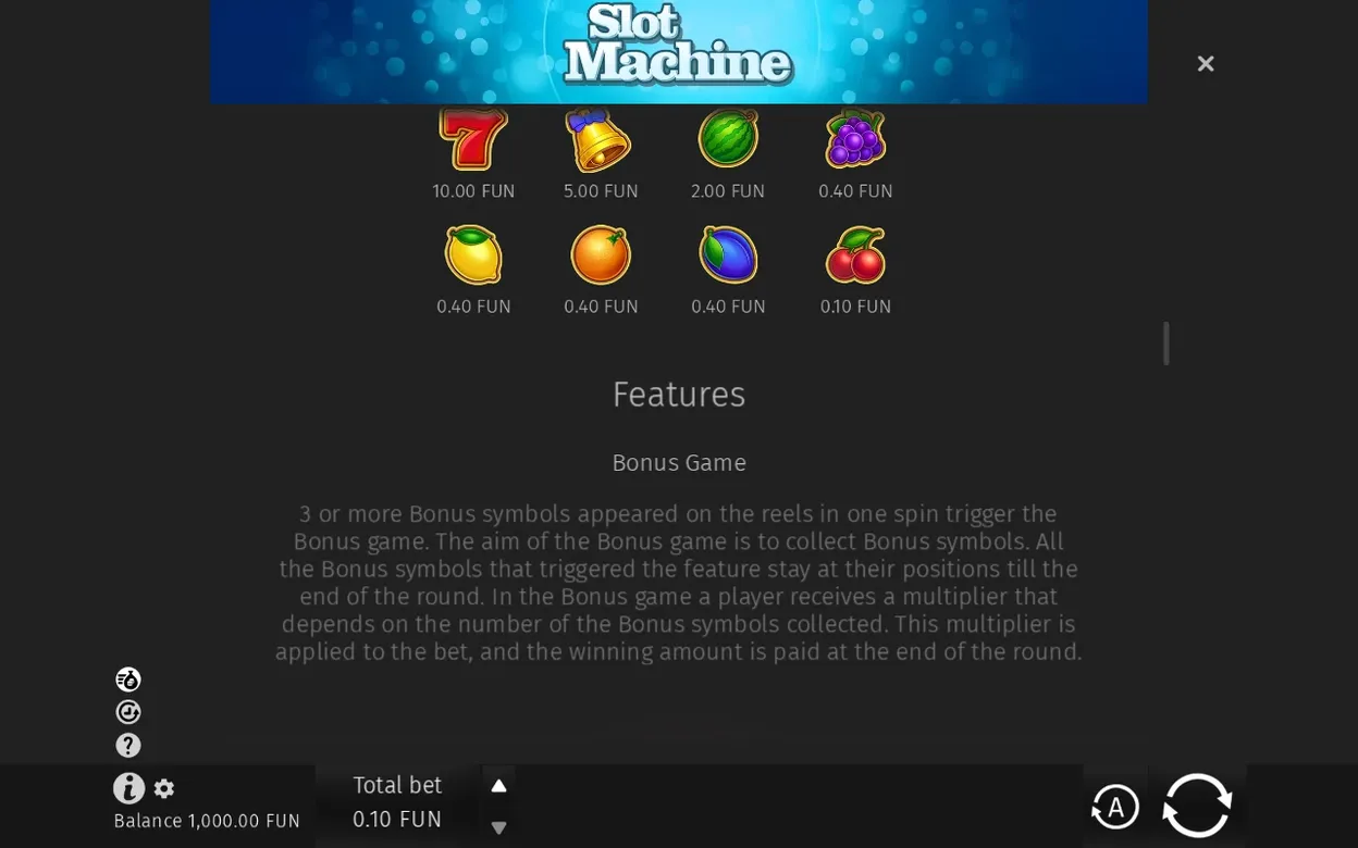 Izplačila za simbole in opis funkcije Bonus Game, ki podeli množitelj glede na zbrane Bonus simbole.
